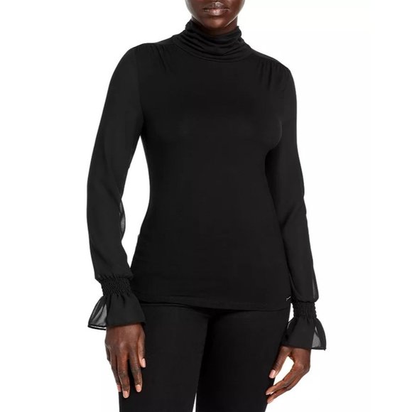 T TAHARI Blouson Sleeve Mock Neck Top in Black - Size Large - Picture 1 of 3